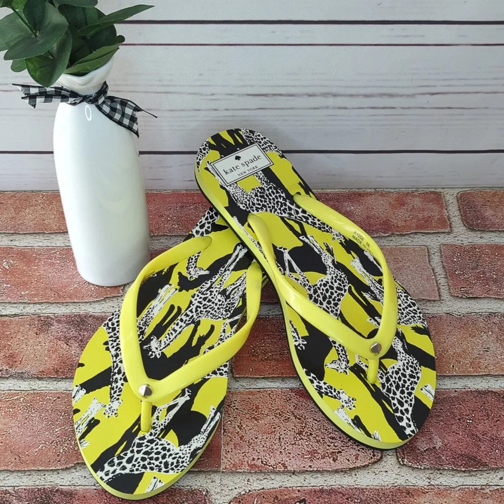 Kate Spade Flip Flops Women's Feldon‎ Giraffe Sandal Yellow Black NWT Size 7/8